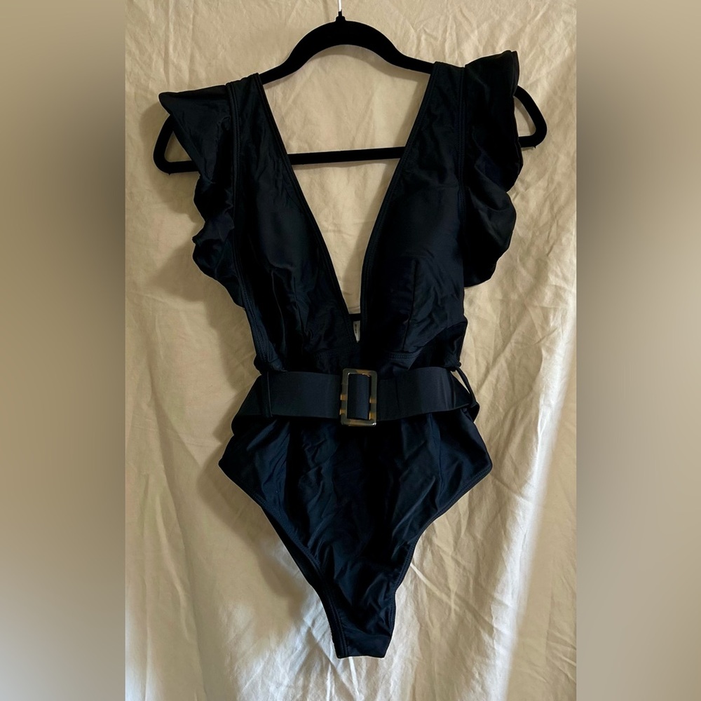 Black Ruffled V-Neck Swimsuit with Belt
